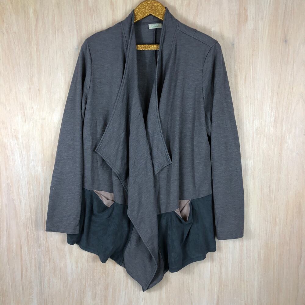 LOGO by Lori Goldstein Lounge Lagenlook Gray Draped Open Front Cozy Cardigan LG